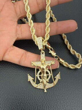 14K Gold Plated Luxury Hip Hop Sailor Jesus Christ Anchor Pendant 22" Rope Chain
